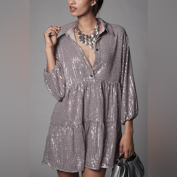 NWT! Anthro The Bettina Tiered Shirt Dress by Maeve: Mini Sequin Edition 🔎⚽️ - Picture 3 of 15